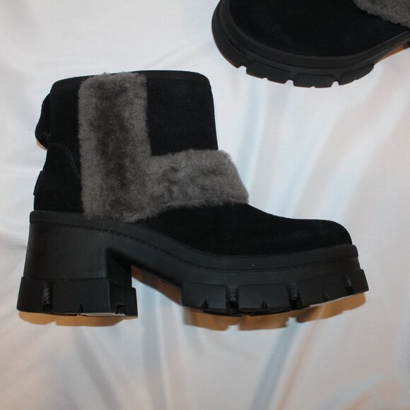 NIB UGG WOMEN'S BROOKLYN SUEDE‎ SHEARLING SPILL SEAM PLATFORM BOOTS BLACK - Picture 4 of 8